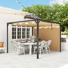 Outsunny 3 x 3m Aluminium Pergola, with Retractable Roof and Wall - Khaki