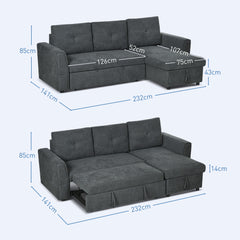 HOMCOM 3 Seater Sofa Bed, L Shaped Pull Out Sofa Bed with Storage, Convertible Click Clack Settee Sectional Sleeper Futon for Living Room, Office, Dark Grey