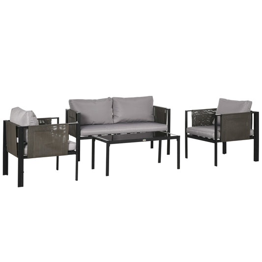 Outsunny 4 Piece Metal Garden Furniture Set with Tempered Glass Coffee Table, Texteline Pocket, Outdoor Patio Set Loveseat Single Armchairs with Padded Cushions, Light Grey