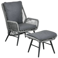 Outsunny String Rattan Armchair and Footstool Set, with Cushions - Grey