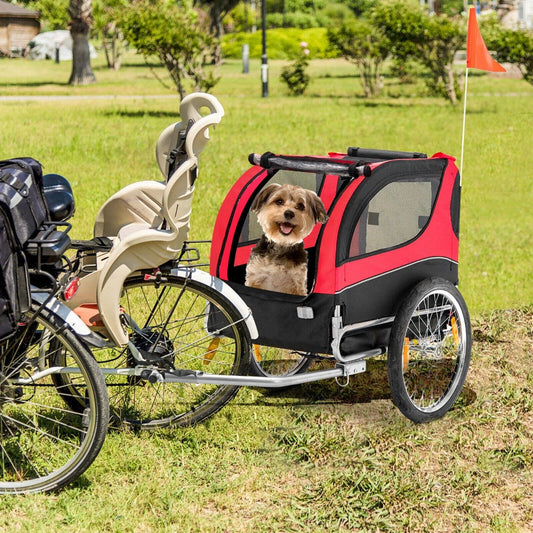 Folding Pet Bike Trailer with 3 Zippered Doors and 8 Reflectors-Red