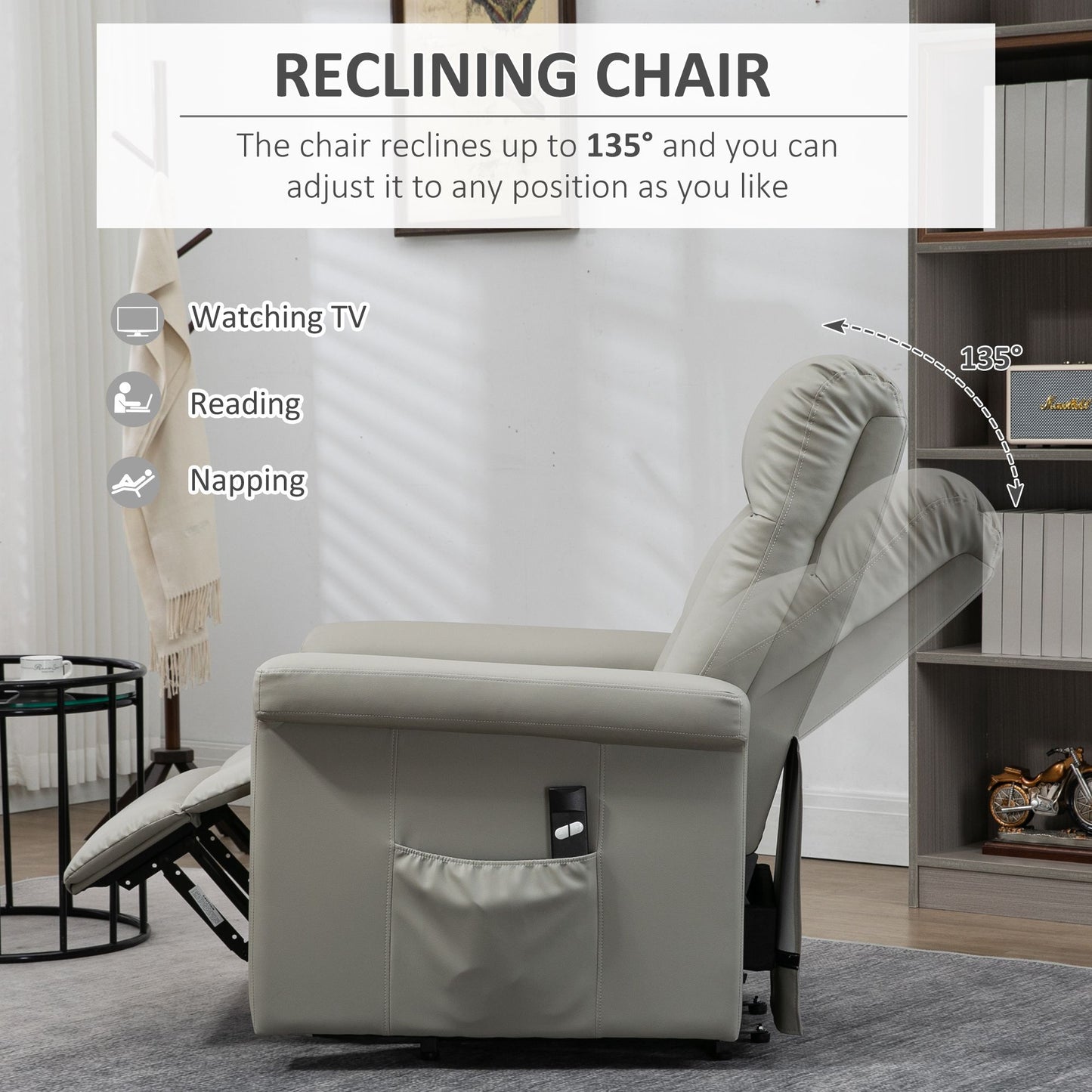 HOMCOM Power Lift Chair Armchair for the Elderly, PU Leather Recliner Chair with Extended Footrest, Remote Control and Side Pocket, Grey