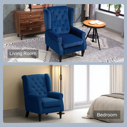 كرسي HOMCOM Wingback Accent، كرسي منجد بأزرار منقوش بتصميم كلاسيكي لغرفة المعيشة وغرفة النوم، باللون الأزرق
