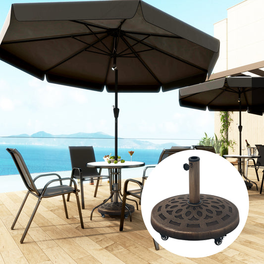 Outsunny 21kg Resin Garden Parasol Base with Wheels, Round Umbrella Stand, Heavy Duty Sun Umbrella Base for 34, 38, 48 mm Umbrella Poles for Deck Poolside, Bronze Tone