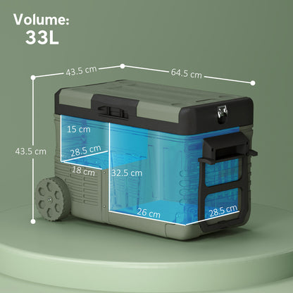 Outsunny 33L Camping Fridge Freezer Dual Zone, Portable Car Fridge 12V/24V DC & 100-240V AC, Electric Cool Box -20√¢‚Äû∆í-20√¢‚Äû∆í with Wheels and LED Light, for Travel, RV, Road Trip, Picnic [Energy Class E]