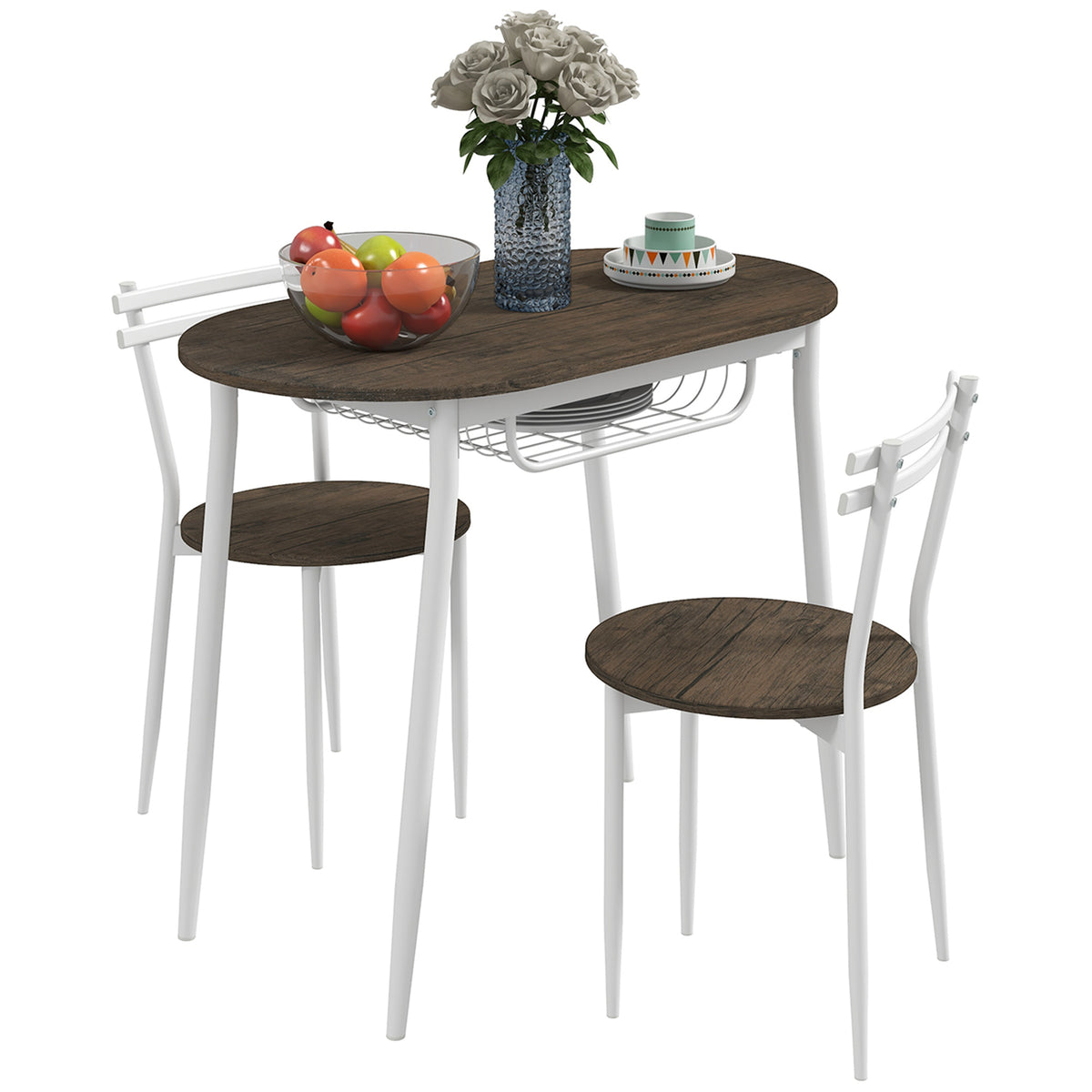 HOMCOM 3-Piece Dining Table and Chairs Set, Oval Kitchen Table with 2 Chairs, with Wire Storage Shelf and Steel Frame, Natural