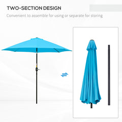 Outsunny 2.6M Patio Parasol Sun Umbrella, Tilt Shade Shelter Canopy with Crank 8 Ribs Aluminium Frame, Blue