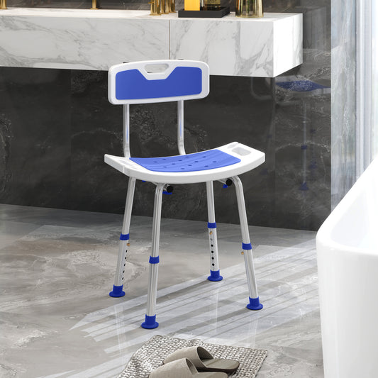 HOMCOM Shower Stool with Backrest, Height Adjustable Shower Chair with Anti-slip Foot Pads, Shower Head Holder, Blue