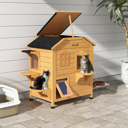 PawHut√Ç 2-story Cat House Outdoor, Weatherproof√Ç Wooden Cat Enclosure for Feral Cats with Escape Door, Openable Roof, Jumping Platforms, Natural Wood Finish