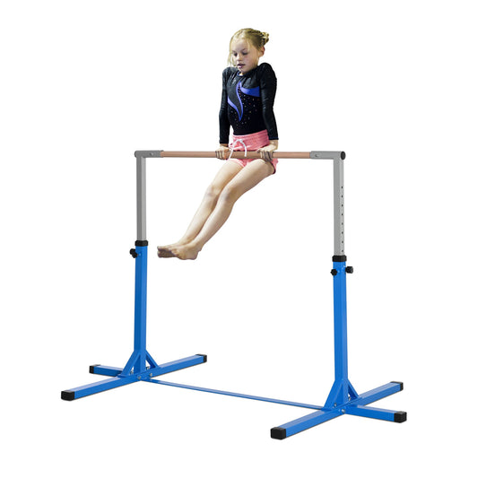 HOMCOM Height Adjustable Gymnastics Horizontal Bar for Kids, Children Junior Kip High Bar Fitness, Blue