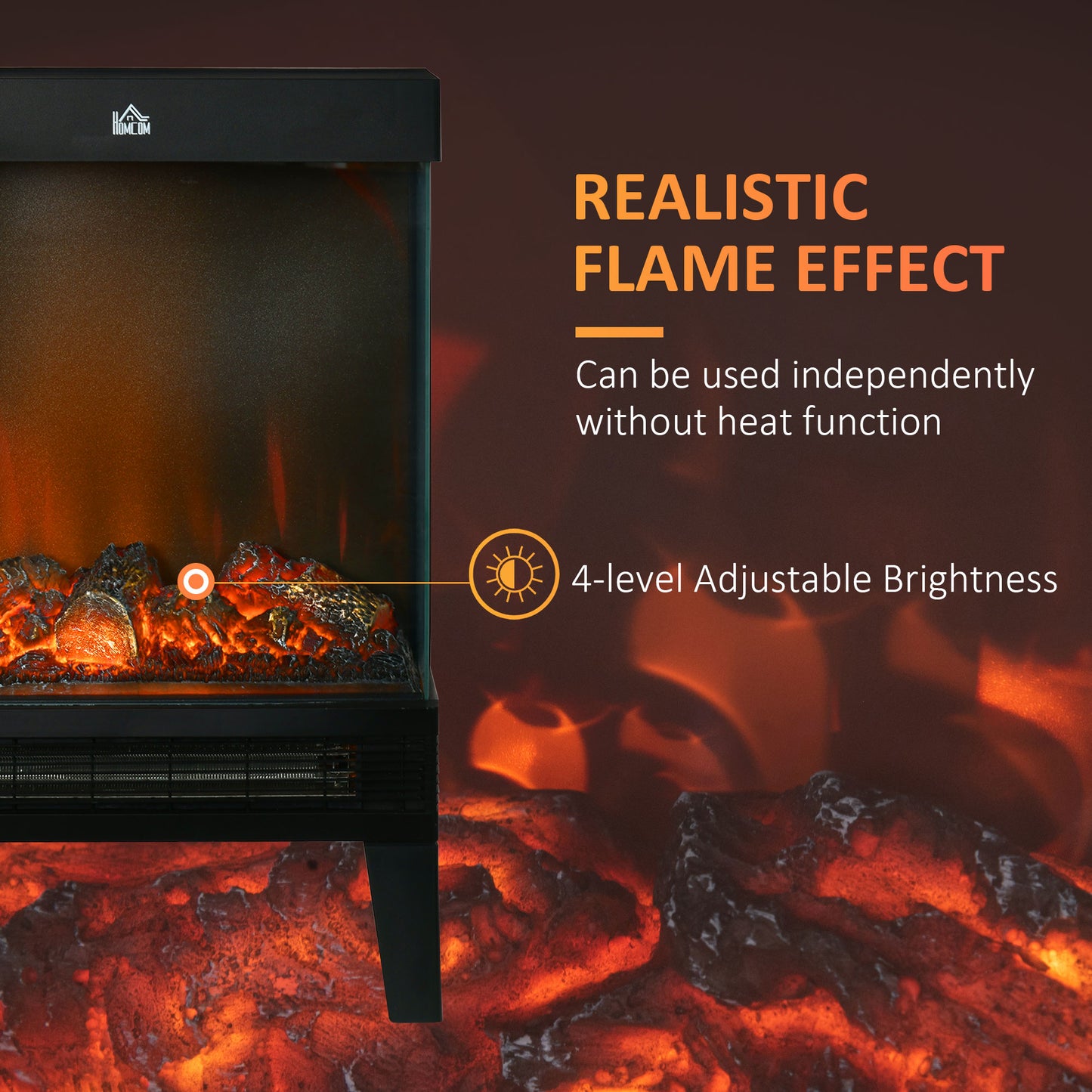 HOMCOM 180√Ç¬∞ Charming Electric Fireplace Heater, Quiet Freestanding Stove with LED Flame Effect, Level-less Temperature Control, Overheating Protection, 1000W/2000W, Black
