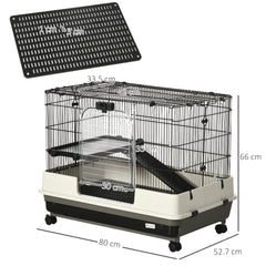 PawHut 2 Tier Rolling Small Animal Rabbit Cage Chinchillas Hutch Pet Play House with Platform Ramp Removable Tray 80 x 52.7 x 66 cm