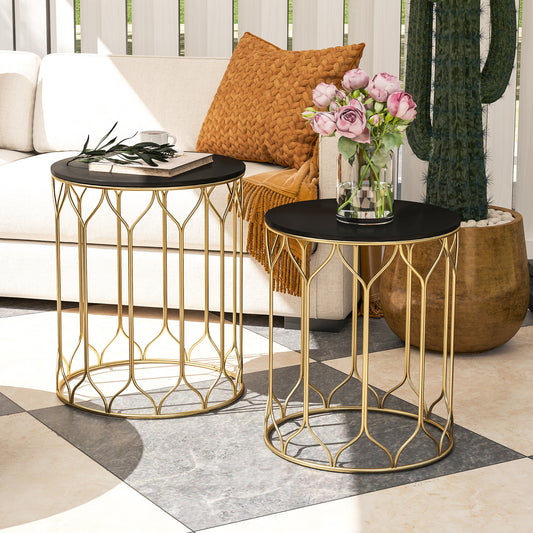 Outsunny Garden Side Table Set of 2, Nesting Tables with Ceramic Tile Top, Indoor Outdoor Small Garden Tables, Multifunctional End Tables with Metal Frame for Patio, Balcony, Porch, Black