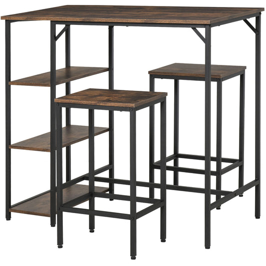 HOMCOM Industrial Bar Height Dining Table Set With 2 Stools & Side Shelf, 3 Pieces Coffee Table for Dining Room, Kitchen, Dinette