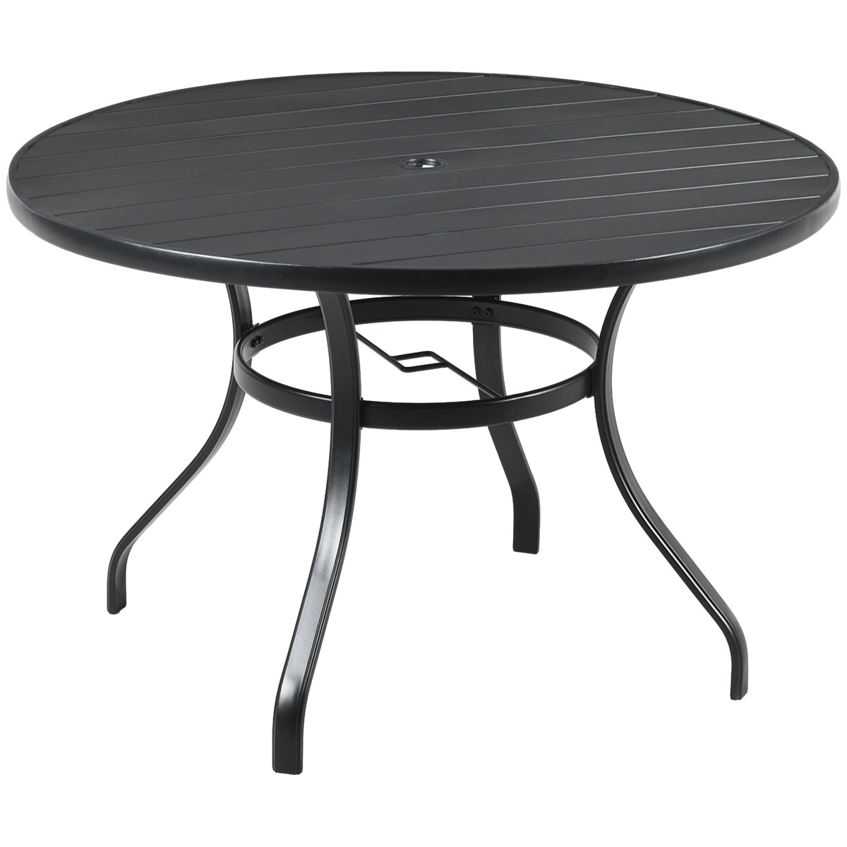 Outsunny Garden Table with Parasol Hole, Outdoor Dining Garden Table for Four Persons, Round Patio Table with Slatted Metal Top, Black