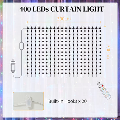 HOMCOM LED Curtain Lights, Smart Curtain Fairy Lights Plug In, Colour Changing Wall Lights with Remote, App, Dynamic DIY Hanging Window String Lights for Bedroom Living Room, 3x3(m), 400 RGBIC LED