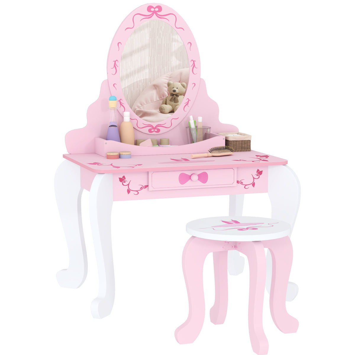 AIYAPLAY Kids Dressing Table Set, Vanity Table with Stool, Mirror, Drawer, Desktop Storage, Ballet Theme, Pink