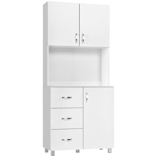 HOMCOM Free standing Kitchen Cupboard, Storage Cabinet with Doors and Sheleves, 3 drawers and Open Space, Adjustable Height Storage Unit, White