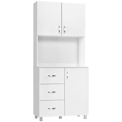 HOMCOM Free standing Kitchen Cupboard, Storage Cabinet with Doors and Sheleves, 3 drawers and Open Space, Adjustable Height Storage Unit, White