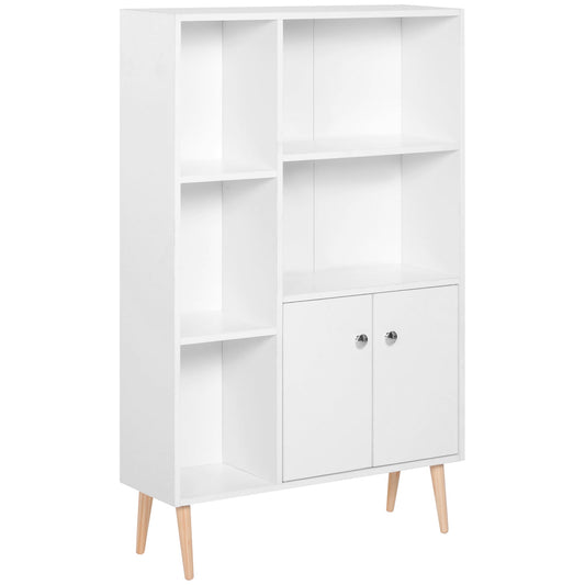 HOMCOM Sideboard Storage Cabinet Cupboard, Open Bookcase with 2 Doors 5 Compartments Wooden Modern Style for Living Room Bedroom Kitchen 80 x 23 x 123 cm, White