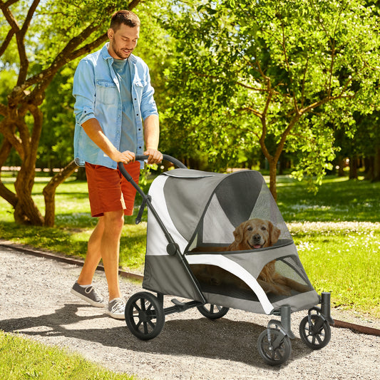 PawHut Foldable Pet Stroller for Large Dogs with 4 Big Wheels, Shock-Absorbing Frame, Safety Leashes, Brakes, Dark Grey