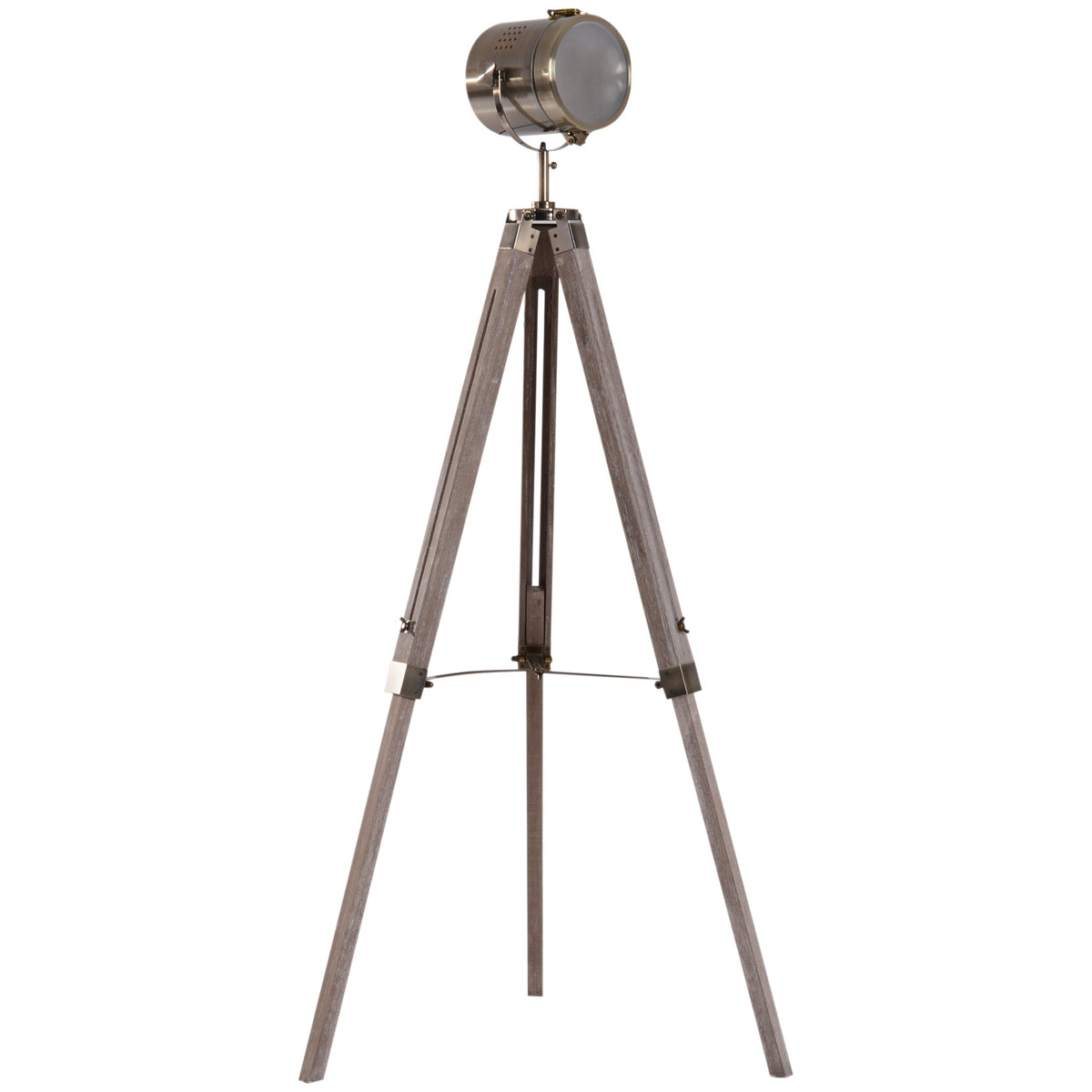 HOMCOM Industrial Tripod Floor Lamp, Nautical Searchlight with Adjustable Height, Wood Legs, E14 Lamp Base for Living Room, Bedroom, Grey and Bronze