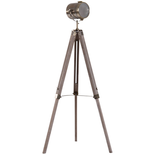 HOMCOM Industrial Tripod Floor Lamp, Nautical Searchlight with Adjustable Height, Wood Legs, E14 Lamp Base for Living Room, Bedroom, Grey and Bronze