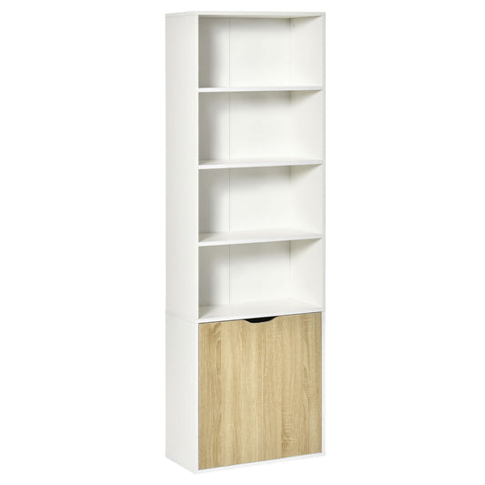 HOMCOM 6-Tier Tall Bookcase, Bookshelf with 4 Open Shelves and Double Door Storage Cabinet, Freestanding Display Rack for Living Room, Bedroom, Home Office, Study, 59 x 29 x 180cm, White and Oak