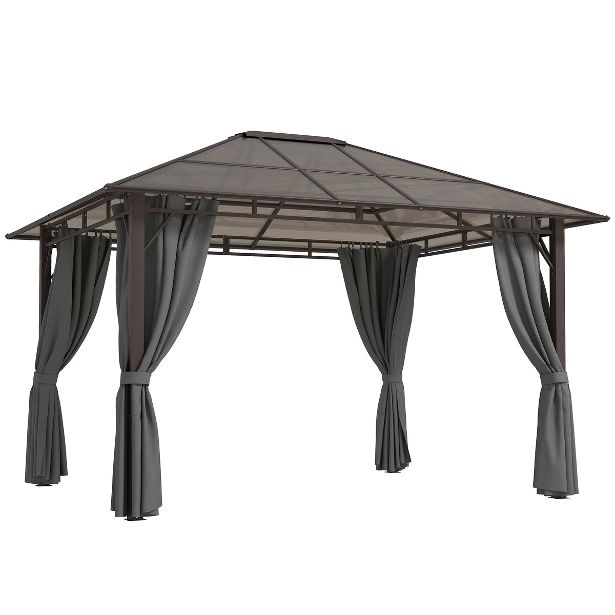 Outsunny 3 x 3.6m Hardtop Gazebo Canopy with Polycarbonate Roof Garden Pavilion with Removable Curtains and Steel Frame, Dark Grey