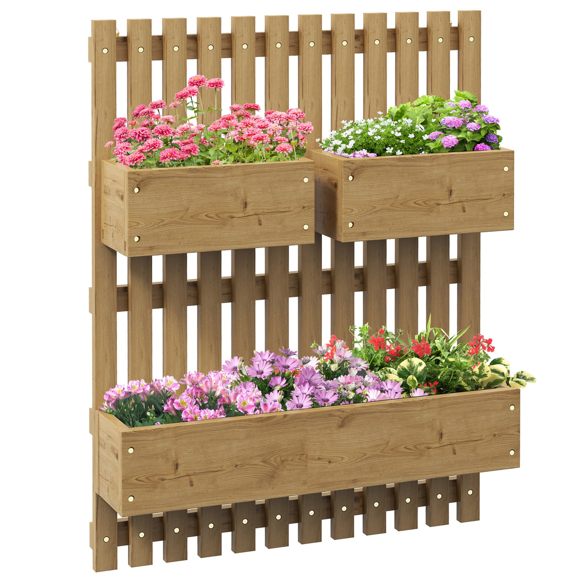 Outsunny Wall-mounted Wooden Garden Planters with Trellis, Drainage Holes and 3 Planter Boxes for Patio, Carbonised