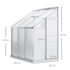 Outsunny 6 x 4ft Lean to Wall Polycarbonate Greenhouse Aluminium Walk-in Garden Greenhouse with Adjustable Roof Vent, Rain Gutter and Sliding Door, Clear