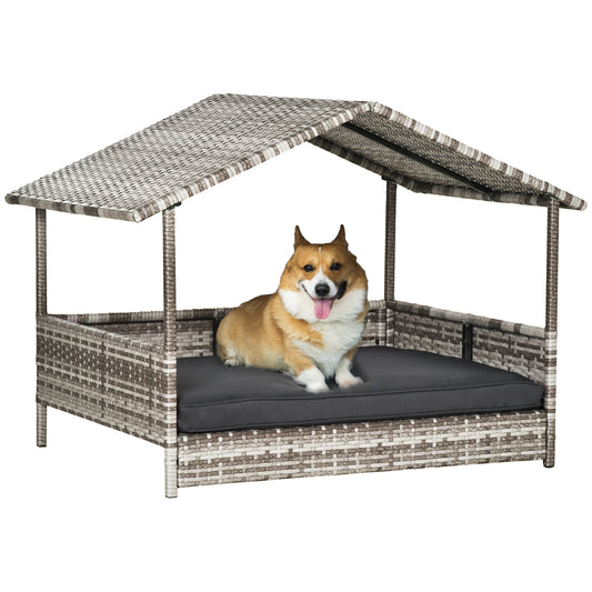 PawHut Wicker Dog House, Rattan Pet Bed, with Removable Cushion, Canopy, for Small and Medium Dogs - Dark Grey