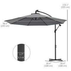 Outsunny 3(m) Cantilever Parasol with Solar LED Lights, Garden Umbrella with Cross Base and Crank Handle, Hanging Offset Banana Sun Shade for Outdoor, Patio, Grey