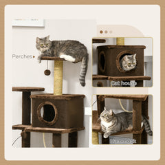 PawHut 136cm Cat Tree for Indoor Cats, Modern Cat Tower with Scratching Posts, house, Platforms, Toy Ball - Brown