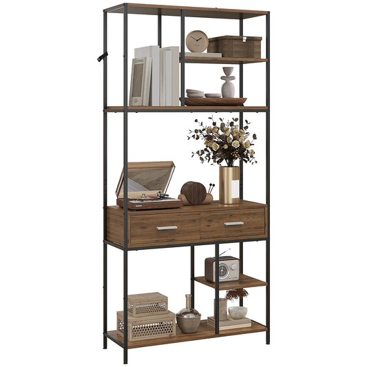 HOMCOM Seven-Shelf Industrial Display Shelf, with Drawers - Brown/Black