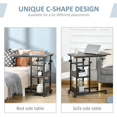 HOMCOM C-Shaped Side Table Industrial Mobile Rolling End Desk with 3-Tier Storage Shelving, Adjustable Height, Wheels