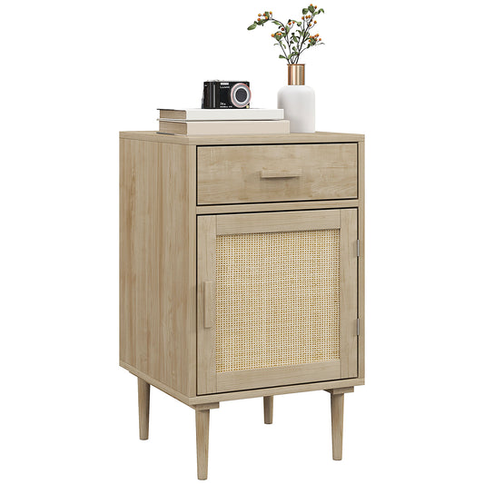 HOMCOM Bedside Table, Rattan Side Tables with Drawer, Cabinet and Adjustable Shelf, Boho Bedside Cabinet with Storage for Bedroom, Living Room, Natural Wood Effect