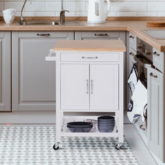 HOMCOM Kitchen Storage Trolley Cart Rolling Wheels Shelves Cupboard W/ Drawer And Towel Rail Rubber Wood Worktop White