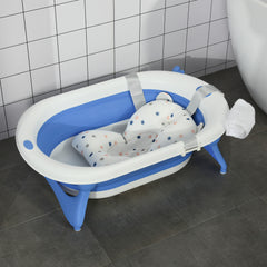 HOMCOM Foldable Baby Bathtub Set, Collapsible Bath Tub with Thermostatic Water Plug, Non-Slip Support, Cushion Pad, Drain Plugs, for Newborn to 3 Years - Blue