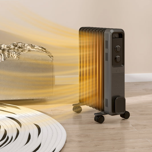 HOMCOM 2000W Oil Filled Radiator, 9 Fin, Portable Electric Heater with 3 Heat Settings, Safety Cut-Off and Wheels, Grey