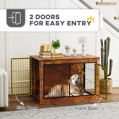 PawHut Dog Crate Furniture with Flip-up Top, 2 Doors, for Large Dogs, 98 x 60 x 65.5cm, Rustic Brown