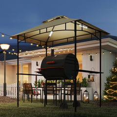 Outsunny 8' x 5' Grill Gazebo, Double Tiered BBQ Gazebo Shelter Canopy with LED Lights, 2 Side Shelves, Hooks, Beige