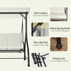 Outsunny 3 Seater Canopy Swing Chair, 2 in 1 Garden Swing Seat Bed, with Adjustable Canopy and Metal Frame, Cream White