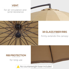 Outsunny 3(m) Cantilever Umbrella 18 Ribs & Vents Adjustable Angle for Patio Khaki