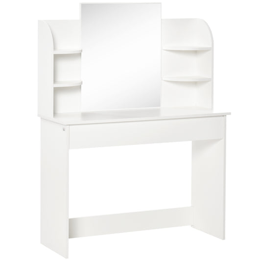 HOMCOM Modern Dressing Table Writing Desk W/ Mirror, Big Drawers, 2-Tier Open Shelf For Home Bedroom White