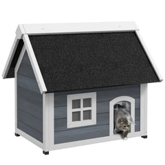 PawHut Outdoor Cat House, Wooden Feral Cat Shelter, with Openable Asphalt Roof, Three Doors - Grey