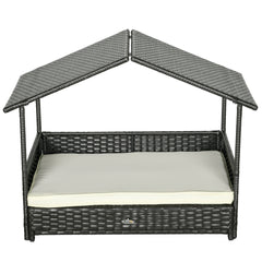 PawHut Extendable Elevated Dog Bed, Rattan Dog House, with Water-Resistant Roof, Removable Cushion, Cream