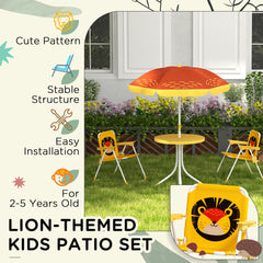 Outsunny Kids Picnic Table and Chair Set, Lion Themed Outdoor Garden Furniture w/ Foldable Chairs, Adjustable Parasol - Yellow