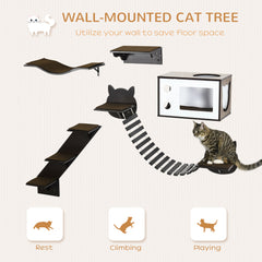 PawHut 5 Piece Cat Wall Shelves, Wall-Mounted Cat Tree for Indoor Use - Brown