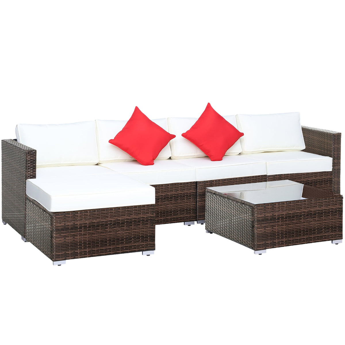 Outsunny 6 Pieces Outdoor Rattan Corner Sofa Set, Patio Aluminium Frame with All-weather Wicker Conversation Furniture w/ Coffee Table & Cushions, Cream White